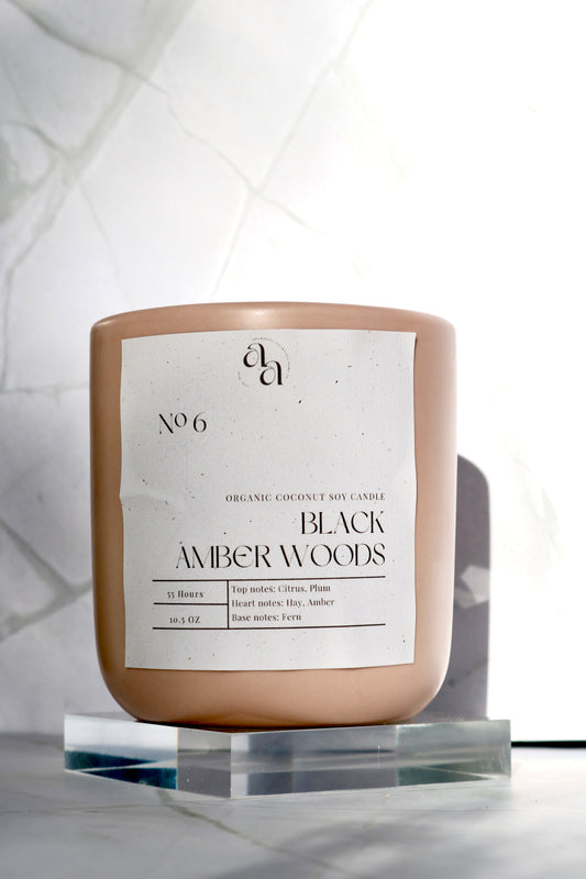 Hand Poured Coconut Soy Wooden Wick Candles: Black Amber Woods